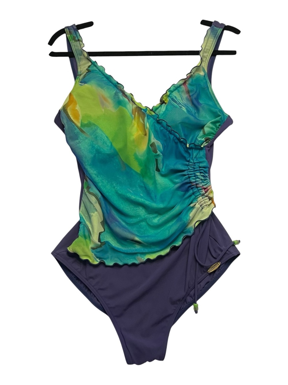 Sunflair Blue & Green Watercolor Ruched With Ruffles One-Piece Swimsuit sz 8
